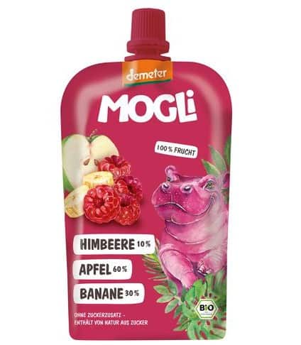 Pireu zmeura-rubarba-banane Eco, 120g, Mogli 1 Pireu zmeura-rubarba-banane Eco