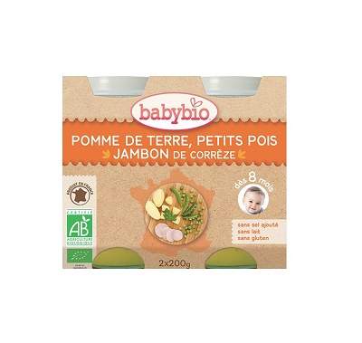 Piure bio din cartofi, mazare si jambon +8 luni, 2 x 200g, BabyBio 1 Piure bio din cartofi