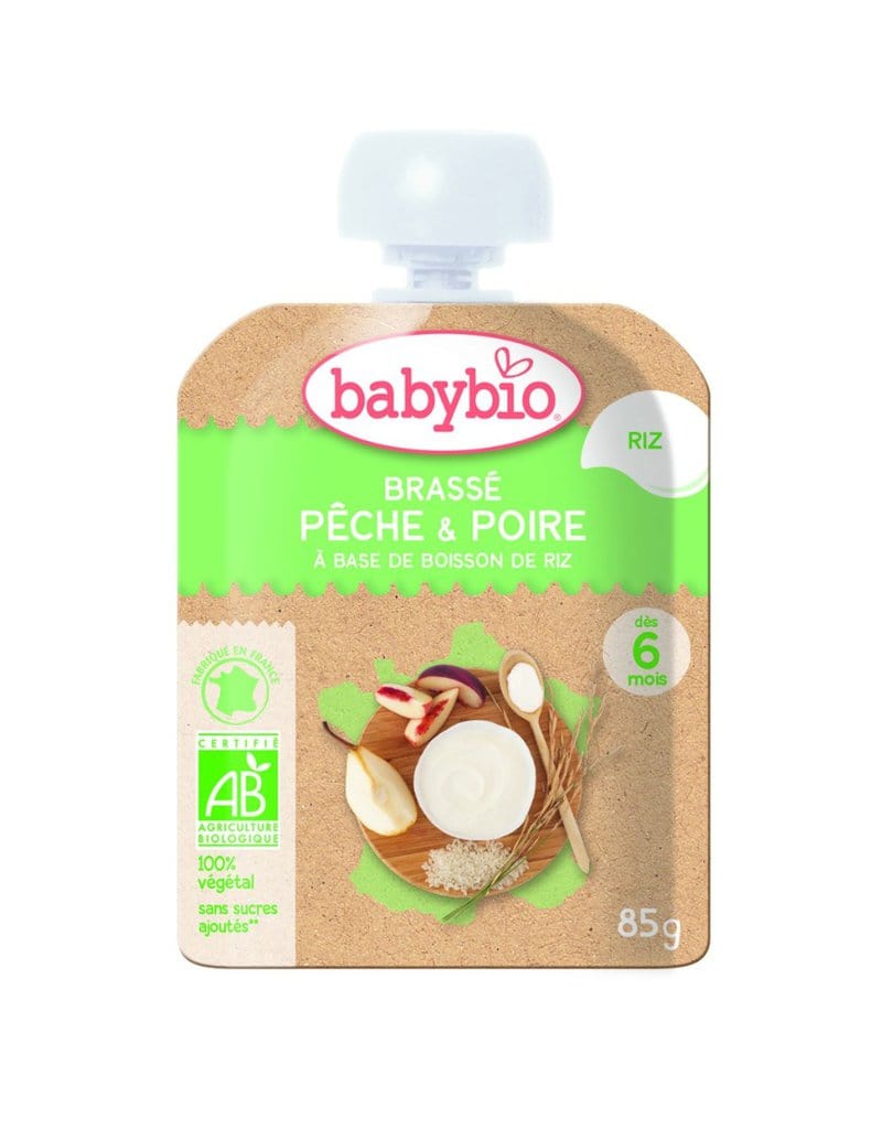 Piure de pere, piersici si lapte de orez Bio, 85g, BabyBio 1 Piure de pere