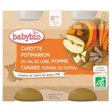 Piure din morcov, dovleac, mar si rata +8 luni Bio, 2 x 200g, BabyBio 1 Piure din morcov