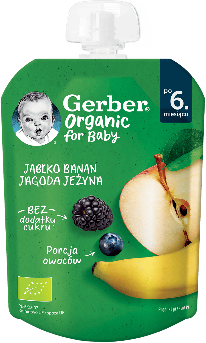 Pouch din mere & banane & afine si mure de la 6 luni, 80g, Gerber 1 Pouch din mere & banane & afine si mure de la 6 luni
