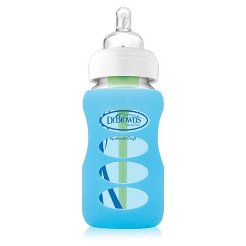 Protectie silicon pentru biberon din sticla cu gat larg albastru