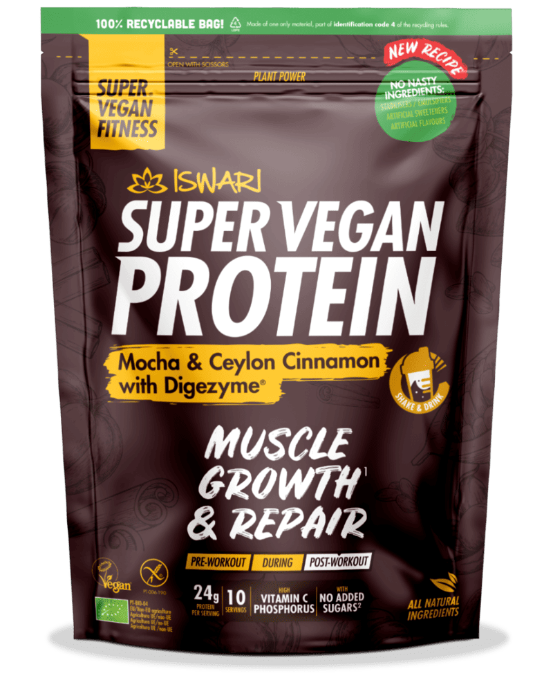 Proteina Super Vegana bio mocha si scortisoara de ceylon cu DigeZyme, 400g, Iswari 1 Proteina Super Vegana bio mocha si scortisoara de ceylon cu DigeZyme