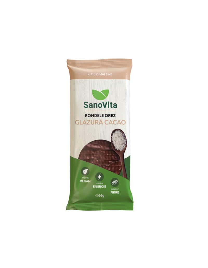 Rondele din grau expandat cu glazura de cacao, 66g, SanoVita 1 Rondele din grau expandat cu glazura de cacao