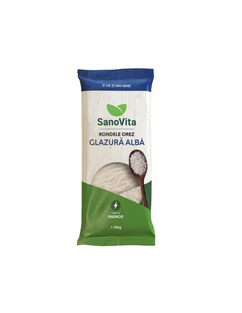 Rondele din orez expandat cu glazura alba, 66g, SanoVita 1 Rondele din orez expandat cu glazura alba