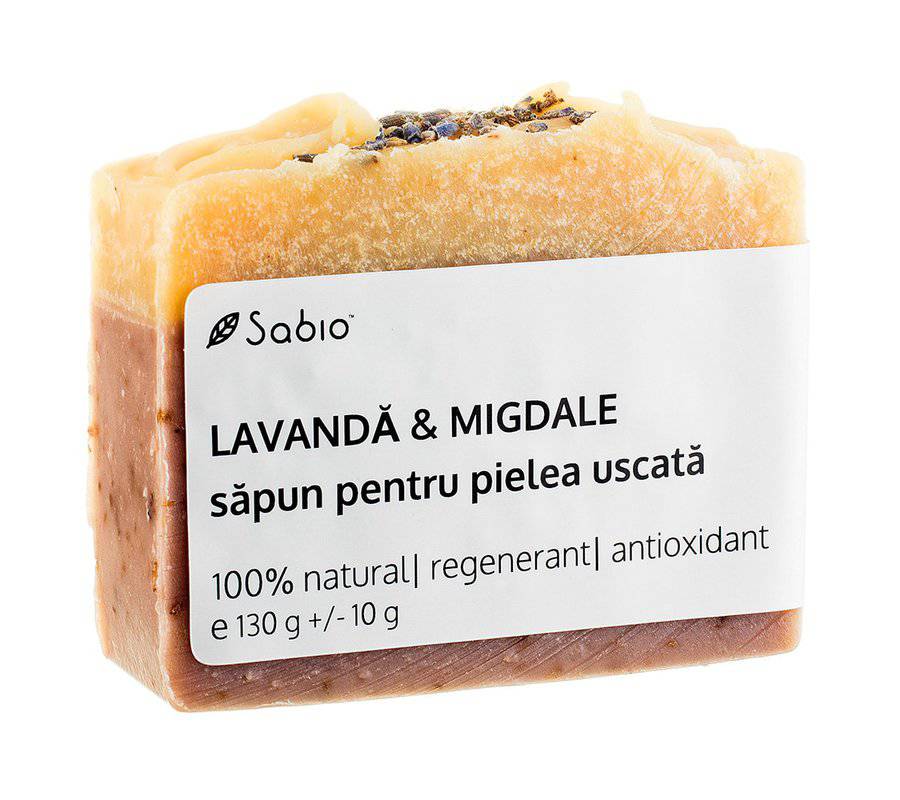 Sapun natural pentru pielea uscata cu lavanda si migdale, 130g, Sabio 1 Sapun natural pentru pielea uscata cu lavanda si migdale