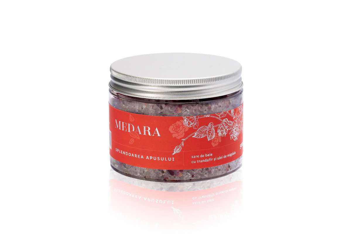 Sare de baie cu trandafir si ulei de migdale Splendoarea Apusului, 500g, Medara 1 Sare de baie cu trandafir si ulei de migdale Splendoarea Apusului