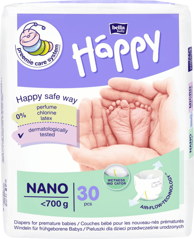 Scutece prematuri cu greutate sub 700g Nano Happy, 30 bucati, Bella Baby 1 Scutece prematuri cu greutate sub 700g Nano Happy