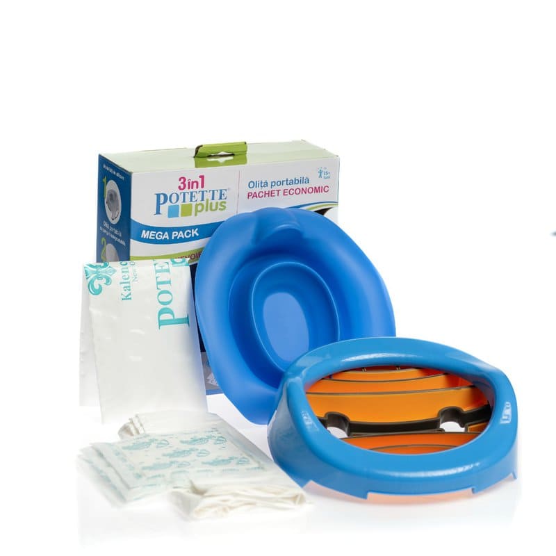 Set Albastru 3 in 1 Olita portabila + Liner + 10 saci biodegradabili 15L