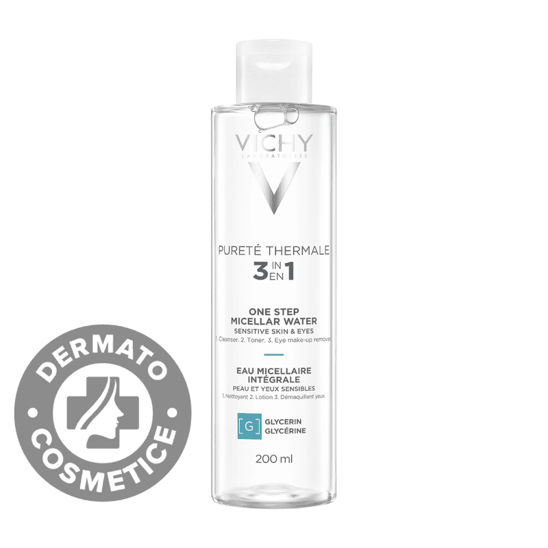 Solutie micelara de curatare si demachiere Purete Thermale pentru ten sensibil, 200ml, Vichy 1 Solutie micelara de curatare si demachiere Purete Thermale pentru ten sensibil