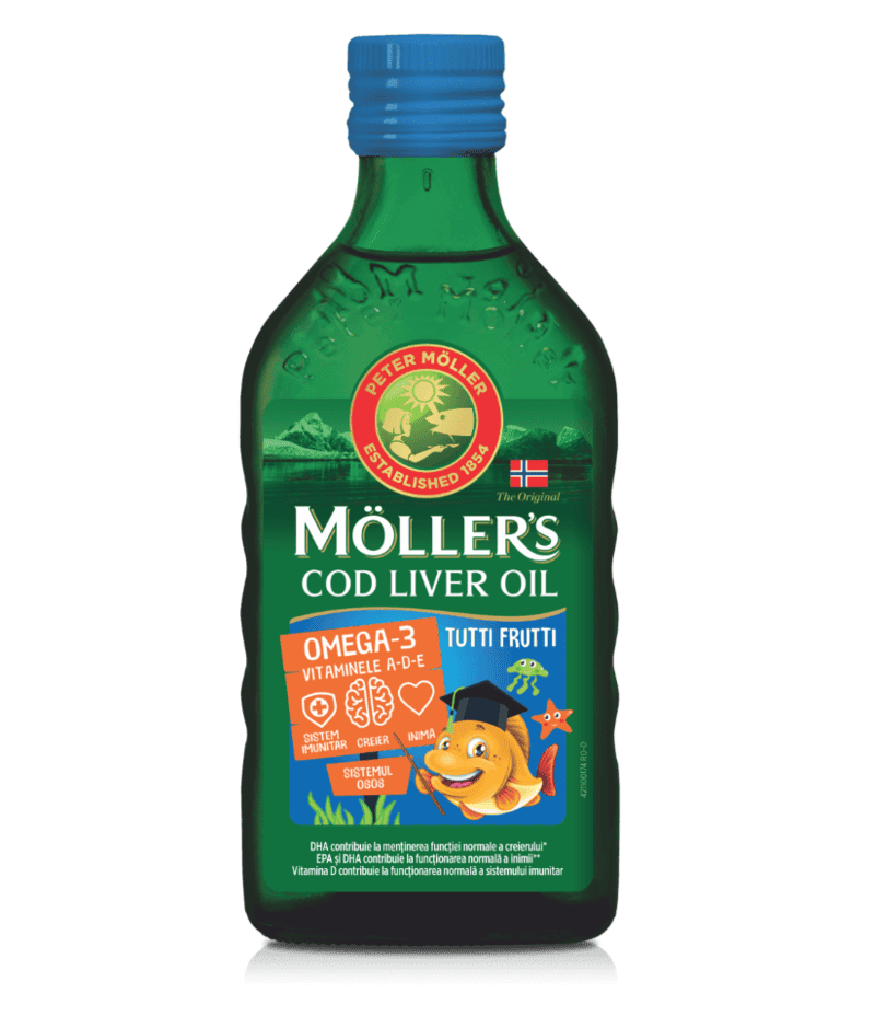 Ulei din ficat de cod cu aroma de Tutti Frutti pentru copii, 250ml, Moller's 1 Ulei din ficat de cod cu aroma de Tutti Frutti pentru copii