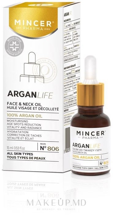 Ulei pentru fata si gat Arganlife, 15ml, Mincer Pharma 1 Ulei pentru fata si gat Arganlife