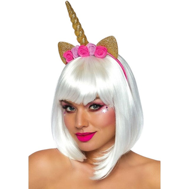 Bentiță LEG AVENUE Unicorn Flower Headband, design cu corn de unicorn și flori, culoare auriu cu roz 1 Bentiță LEG AVENUE Unicorn Flower Headband