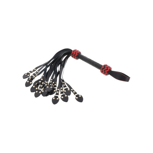 Bici din piele naturală HIDDEN DESIRE Cat-o-Nine, cu 9 cozi aplatizate, pentru jocuri erotice BDSM, culoare negru cu roșu 1 Bici din piele naturală HIDDEN DESIRE Cat-o-Nine