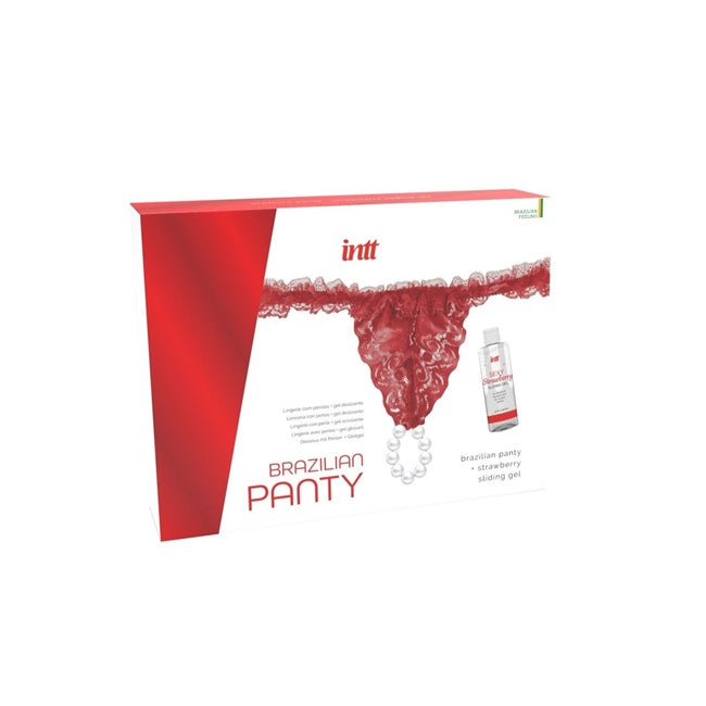 Brazilian Panty Red INTT, cu inel de Perle stimulatoare și Lubrifiant cu aromă de căpșuni 50ml 1 Brazilian Panty Red INTT