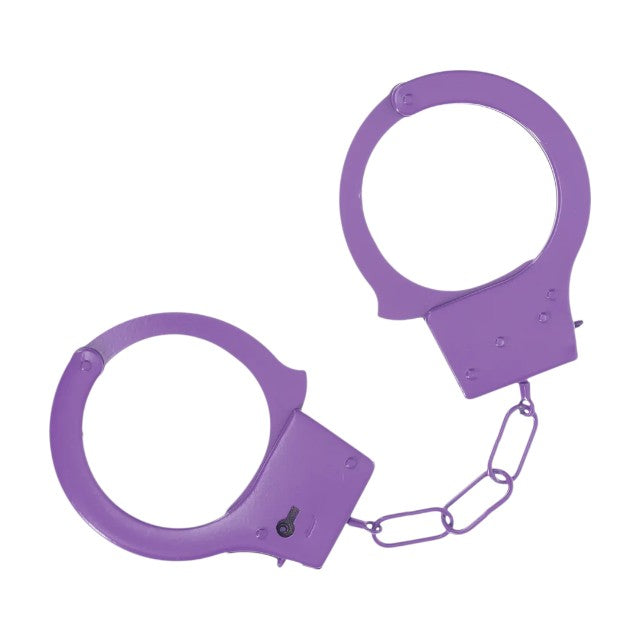 Cătușe OUCH! Classic Metal Handcuffs Purple, pentru jocuri erotice BDSM, cu buton de eliberare rapidă, mărime reglabilă, mov 1 Cătușe OUCH! Classic Metal Handcuffs Purple