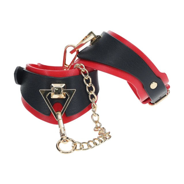 Cătușe OUCH! Handcuffs - Milan Collection, pentru jocuri erotice BDSM, cu lanț auriu, din piele îmbinată, culoare negru cu roșu 1 Cătușe OUCH! Handcuffs - Milan Collection