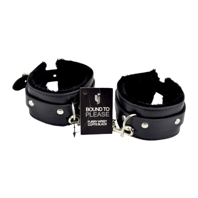 Catuse erotice Bound to Please - Plush Wrist Cuffs, din piele cu puf pentru o purtare conforabila, Neagra 1 Catuse erotice Bound to Please - Plush Wrist Cuffs