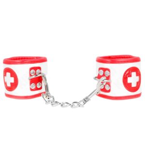 Cătușe sexy asistentă KINK Mini Nurse Wrist Restraints, pentru jocuri erotice, mărime ajustabilă, culoare alb cu roșu – ofertă, preț și specificații