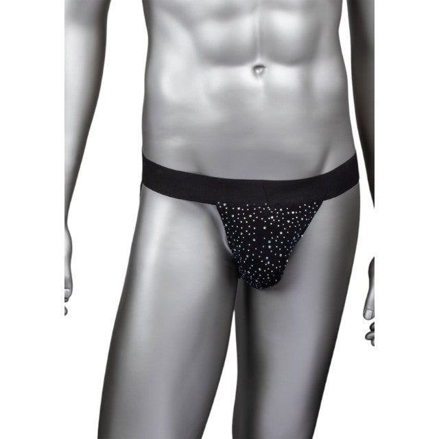 Chilot sexy bărbați CALEXOTICS Radiance Jock Strap, cu benzi subțiri pe fese, design din plasă cu strasuri, negru, mărime universală (40-3) 1 Chilot sexy bărbați CALEXOTICS Radiance Jock Strap