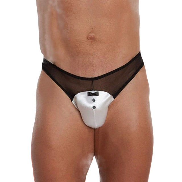 Chilot tanga bărbați SOFTLINE Thong 4467, lenjerie sexy cu design tuxedo cu papion, din plasă și satin, negru cu alb, mărime M/L 1 Chilot tanga bărbați SOFTLINE Thong 4467
