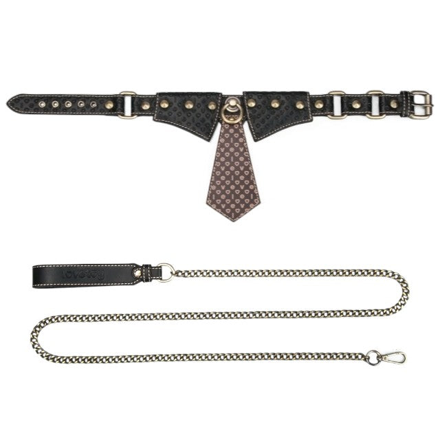Choker LOVETOY Rebellion Knot Tie Collar, lesă BDSM din piele artificială, cu cravată și lanț auriu, mărime ajustabilă, negru cu maro 1 Choker LOVETOY Rebellion Knot Tie Collar