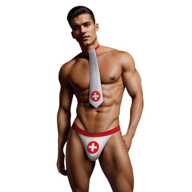 Costum sexy asistent ENVY MENSWEAR Nurse Kit, cravată și chilot tanga cu design medical, mărime M/L, culoare alb și roșu 1 Costum sexy asistent ENVY MENSWEAR Nurse Kit