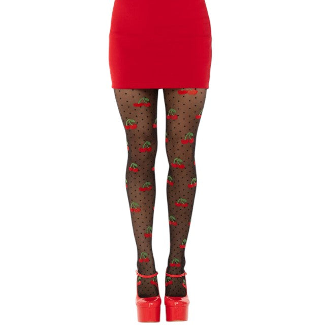 Dresuri LEG AVENUE Cherry Mole Stockings, design cu buline și cireșe roșii, culoare negru, mărime universală 1 Dresuri LEG AVENUE Cherry Mole Stockings