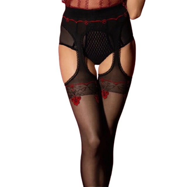 Dresuri sexy FIORE HOSIERY Amour Rouge Suspender Pantyhose, cu bretele și margini dantelate, grosime 20 den, negru cu roșu, mărime 4 (O5028) 1 Dresuri sexy FIORE HOSIERY Amour Rouge Suspender Pantyhose