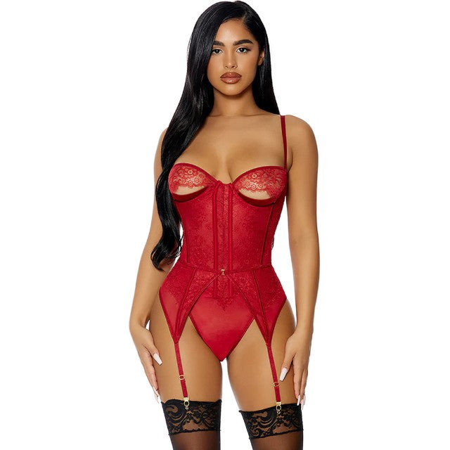 Lenjerie sexy 2 piese FORPLAY Peek Show Teddy Set, body erotic cu dantelă și decupaje + portjartier, roșu, mărime M 1 Lenjerie sexy 2 piese FORPLAY Peek Show Teddy Set
