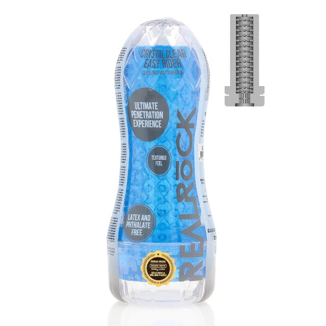 Masturbator manual REALROCK Crystal Clear Easy Rider, texturat pentru stimulare intensă, din TPE, rezistent la apă, albastru 1 Masturbator manual REALROCK Crystal Clear Easy Rider