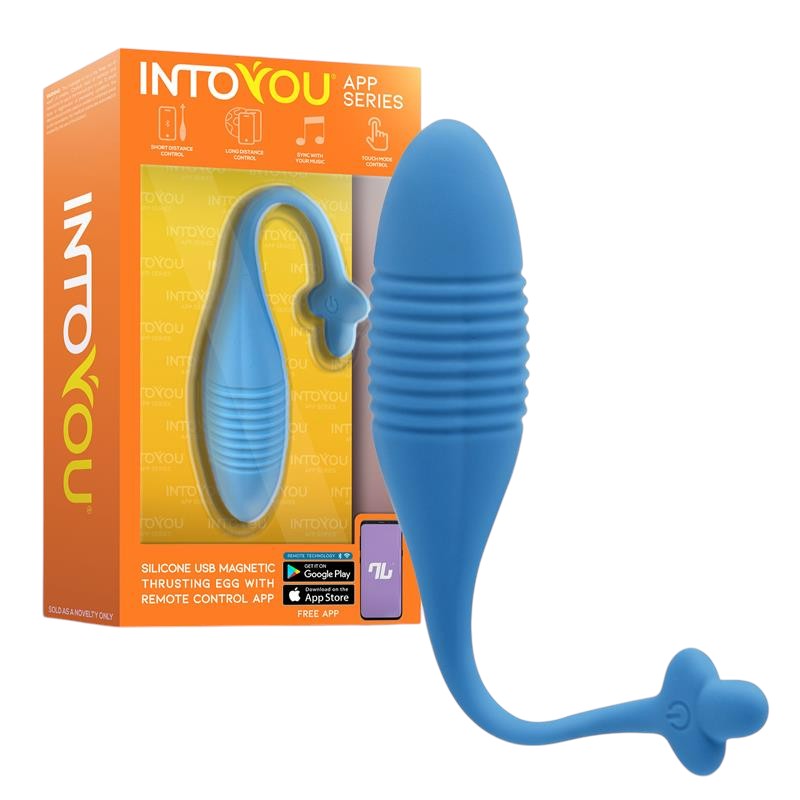 Ou vibrator INTOYOU APP - Thrusting, pentru stimularea sexuala feminina, control prin aplicatie, 8 functii de vibratie, 20.5 cm x 3.5 cm, albastru 1 Ou vibrator INTOYOU APP - Thrusting