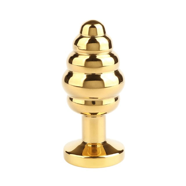 Plug anal MR. STEEL Twister Butt Plug Small, din oțel inoxidabil, cu striații și bază cu cristal, lungime 5.7 cm (mic), auriu 1 Plug anal MR. STEEL Twister Butt Plug Small