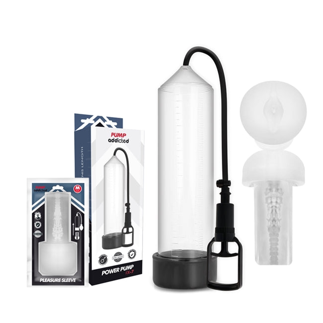 Pompa manuala PUMP ADDICTED - Power RX7, pentru marire penis si imbunatatire performante sexuale, cu masturbator, transparenta, 24 cm 1 Pompa manuala PUMP ADDICTED - Power RX7