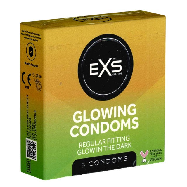 Prezervative EXS - Glowing, lubrifiate si rezistente, fluorescente in intuneric, 1 x 3 buc 1 Prezervative EXS - Glowing