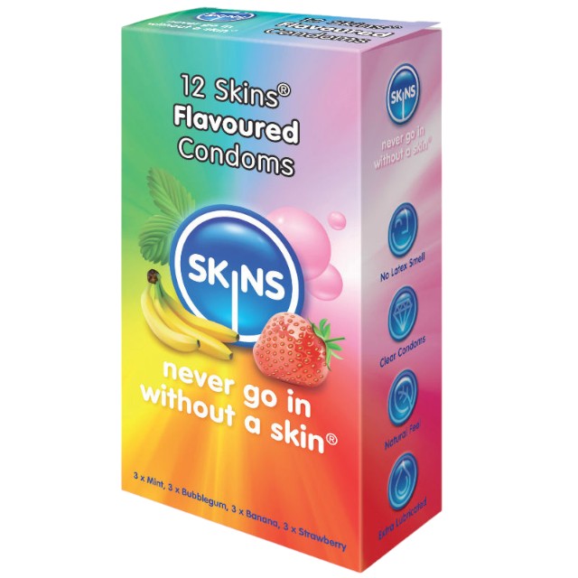 Prezervative Skins, lubrifiate cu 4 tipuri de aroma, bubblegum, menta, capsuni, banane, 1 x 12 buc 1 Prezervative Skins