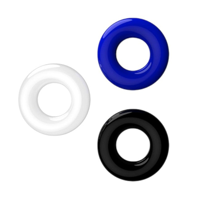 Set 3 inele pentru penis LOVING JOY Doughnut Cock Rings, din TPR, diametru 1.6 cm, culori albastru, alb și negru 1 Set 3 inele pentru penis LOVING JOY Doughnut Cock Rings