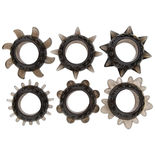 Set 6 inele pentru penis LOVING JOY Textured Rings (6 pack), din TPE, cu texturi variate, culoare negru 1 Set 6 inele pentru penis LOVING JOY Textured Rings (6 pack)