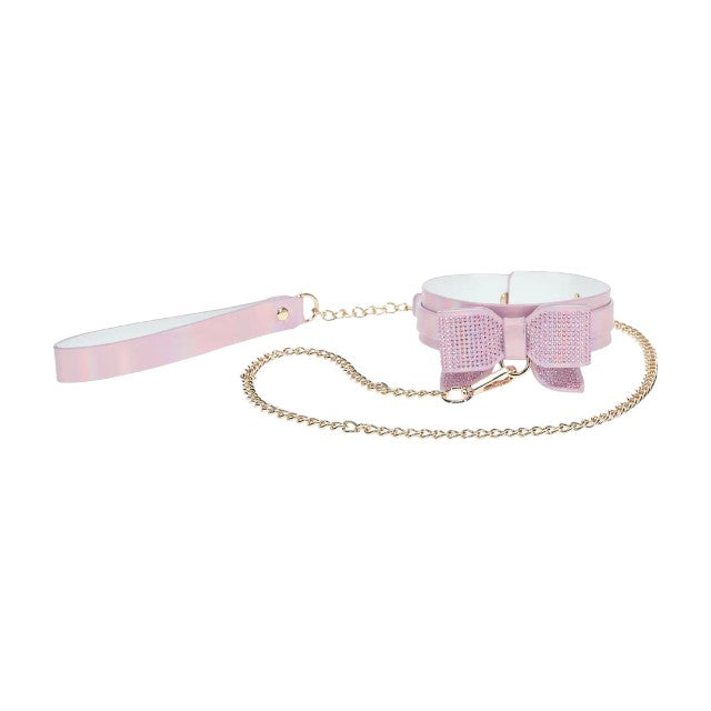 Set OUCH! Collar with Leash - Paris Collection, pentru jocuri erotice BDSM, model cu fundă, mărime ajustabilă, roz cu auriu 1 Set OUCH! Collar with Leash - Paris Collection