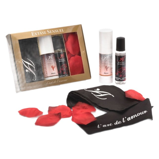 Set cadou erotic EXTASE SENSUEL L’art de l’amour, cu gel intim, lubrifiant aromat, legătură pentru ochi și petale de trandafir 1 Set cadou erotic EXTASE SENSUEL L’art de l’amour