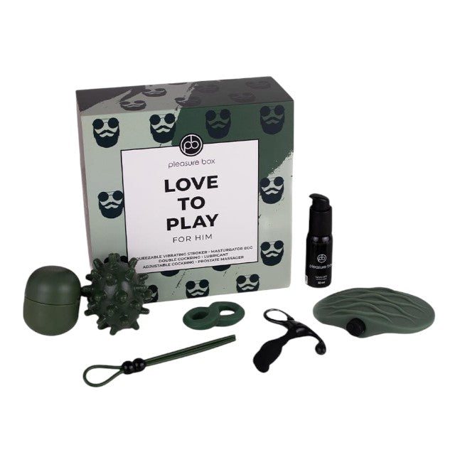 Set erotic DREAMTOYS Pleasure Box - Love To Play For Him, cu masturbator vibrator, ou masturbator, inel de penis și lubrifiant (cutie verde) 1 Set erotic DREAMTOYS Pleasure Box - Love To Play For Him