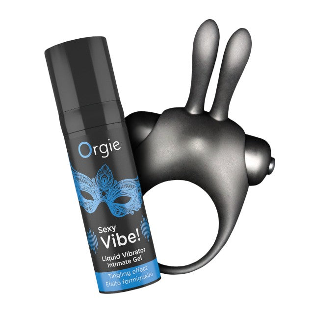 Set erotic ORGIE Vibe! Bunny, gel intim Sexy Vibe! cu efect de furnicături + inel pentru penis cu 10 funcții de vibrație (albastru) 1 Set erotic ORGIE Vibe! Bunny