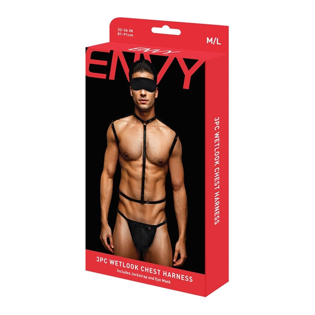 Set lenjerie pentru barbati Envy - Wetlook Chest Harness, 3 piese, negru, M/L 1 Set lenjerie pentru barbati Envy - Wetlook Chest Harness