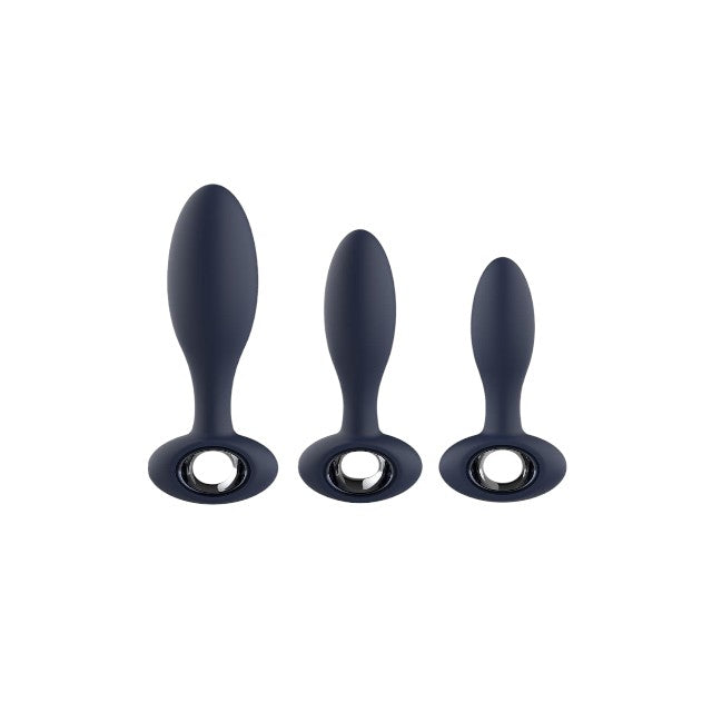 Set plug anal DREAMTOYS Startroopers Milky Way, 1 dop clasic + 2 dopuri cu funcție de vibrație, 12.5 cm - 16 cm, albastru 1 Set plug anal DREAMTOYS Startroopers Milky Way
