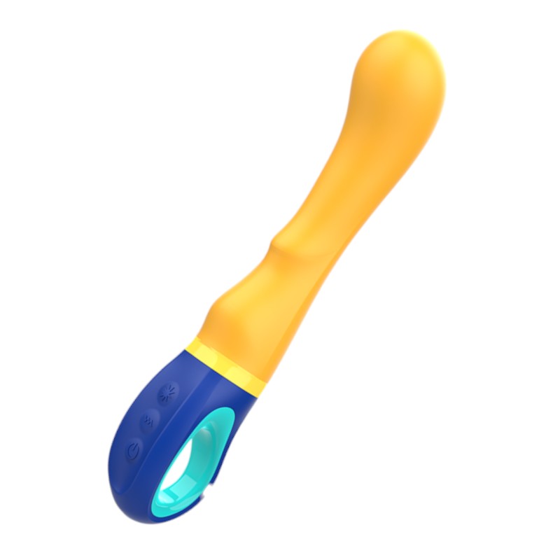 Vibrator INTENSE SHAGGY, design curbat pentru stimularea punctului G, rezistent la apă, lungime inserabilă 12.7 cm, galben cu albastru 1 Vibrator INTENSE SHAGGY
