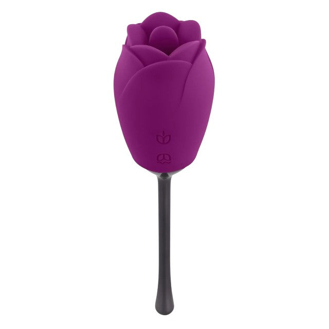 Vibrator dublu PLAYBOY Petal, în formă de trandafir, cu 9 funcții de simulare sex oral, 9 funcții de vibrație, mov cu negru 1 Vibrator dublu PLAYBOY Petal