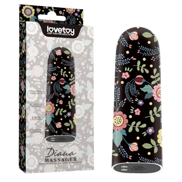 Vibrator tip Bullet LoveToy - Diana Massager, pentru stimularea clitorisului, negru cu flori 1 Vibrator tip Bullet LoveToy - Diana Massager